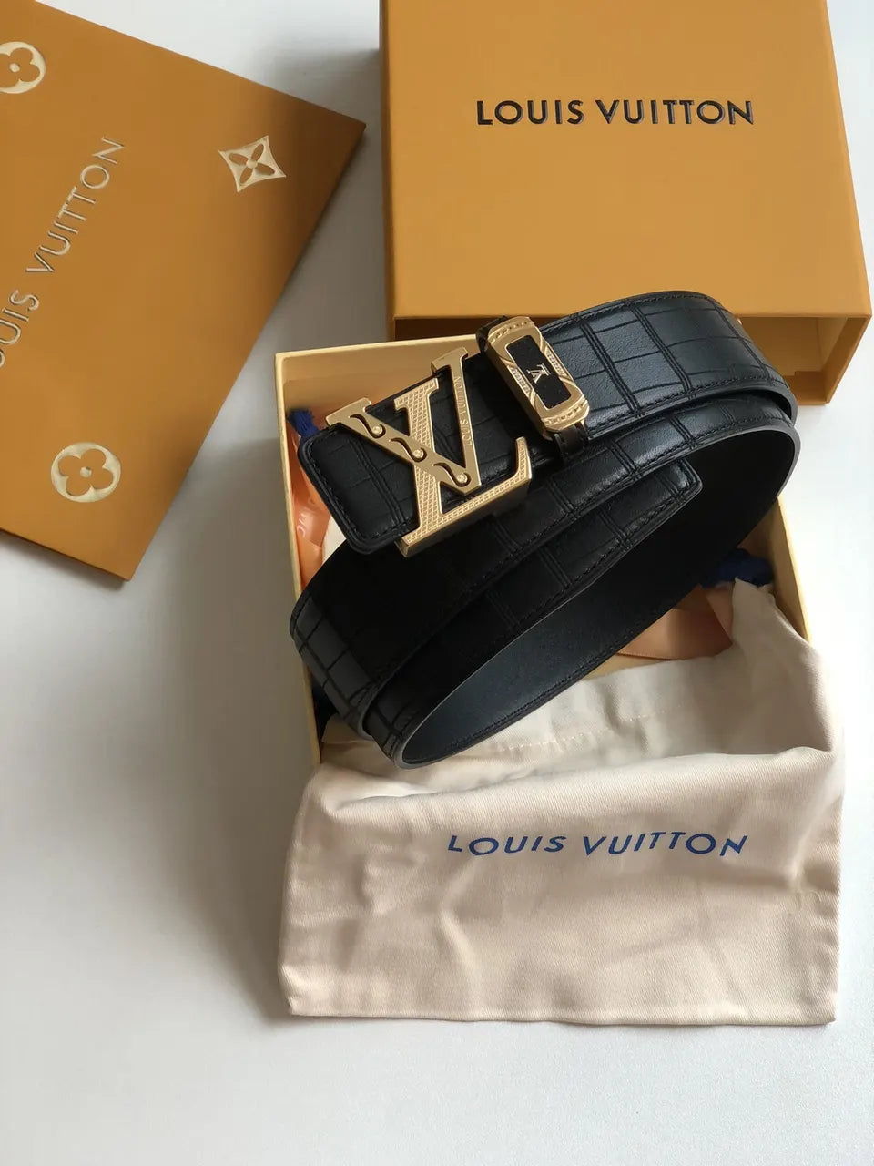 gold Louis Vuitton Black Croc Belt - Hình 7