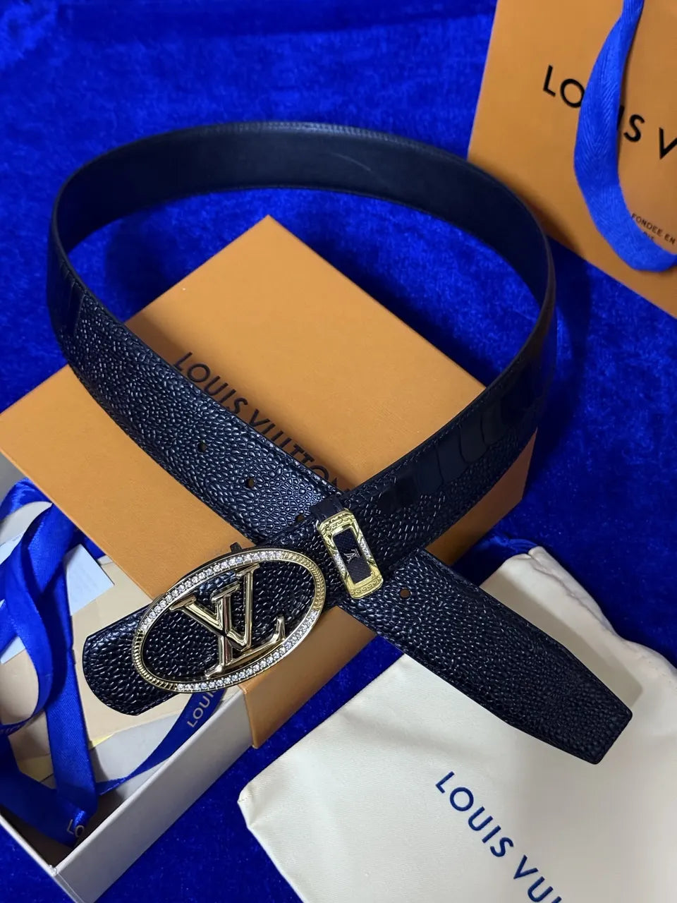 gold Louis Vuitton Black Alligator Belt