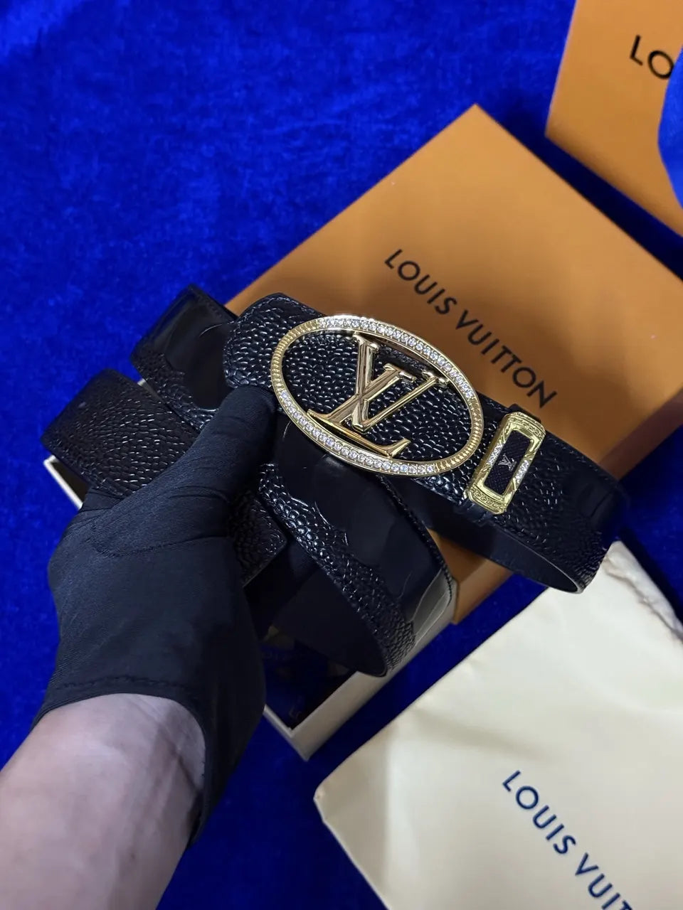 gold Louis Vuitton Black Alligator Belt - Hình 2