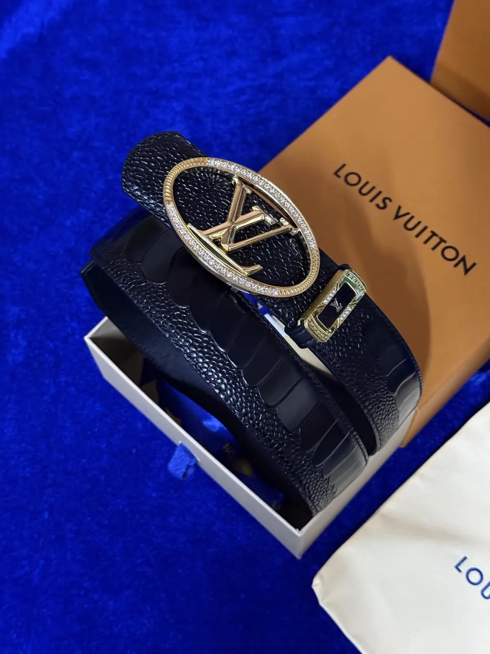 gold Louis Vuitton Black Alligator Belt - Hình 3