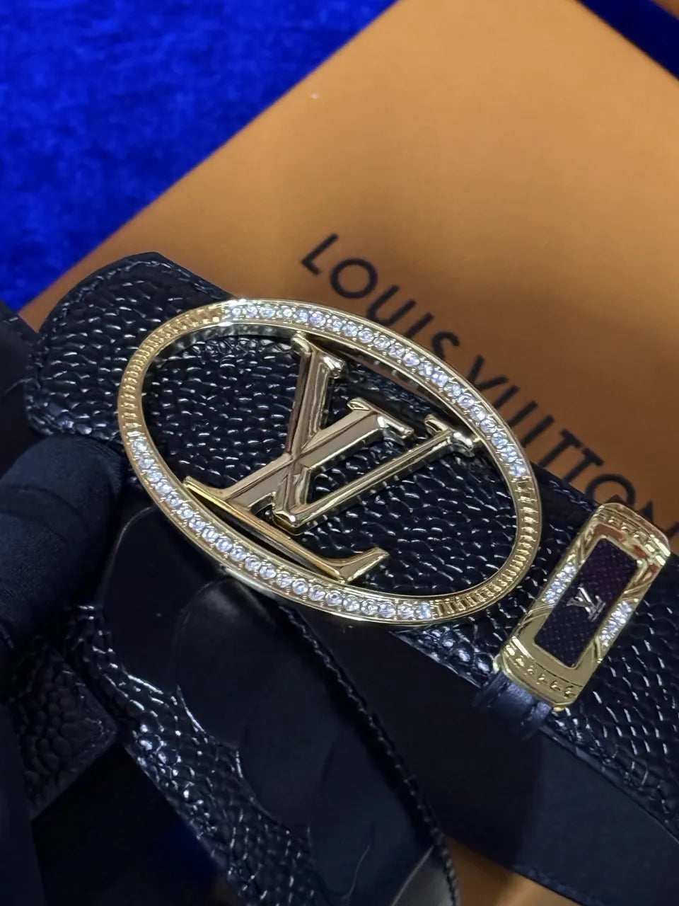 gold Louis Vuitton Black Alligator Belt - Hình 4