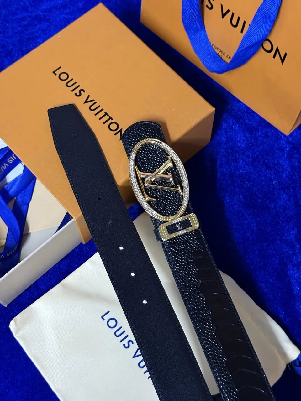 gold Louis Vuitton Black Alligator Belt - Hình 5