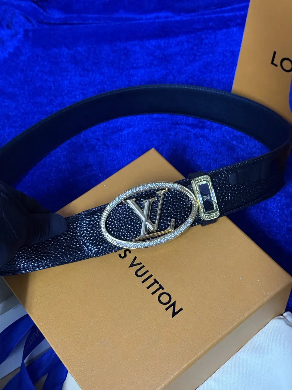 gold Louis Vuitton Black Alligator Belt - Hình 6