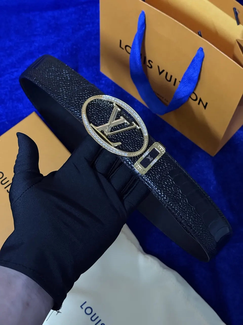gold Louis Vuitton Black Alligator Belt - Hình 7
