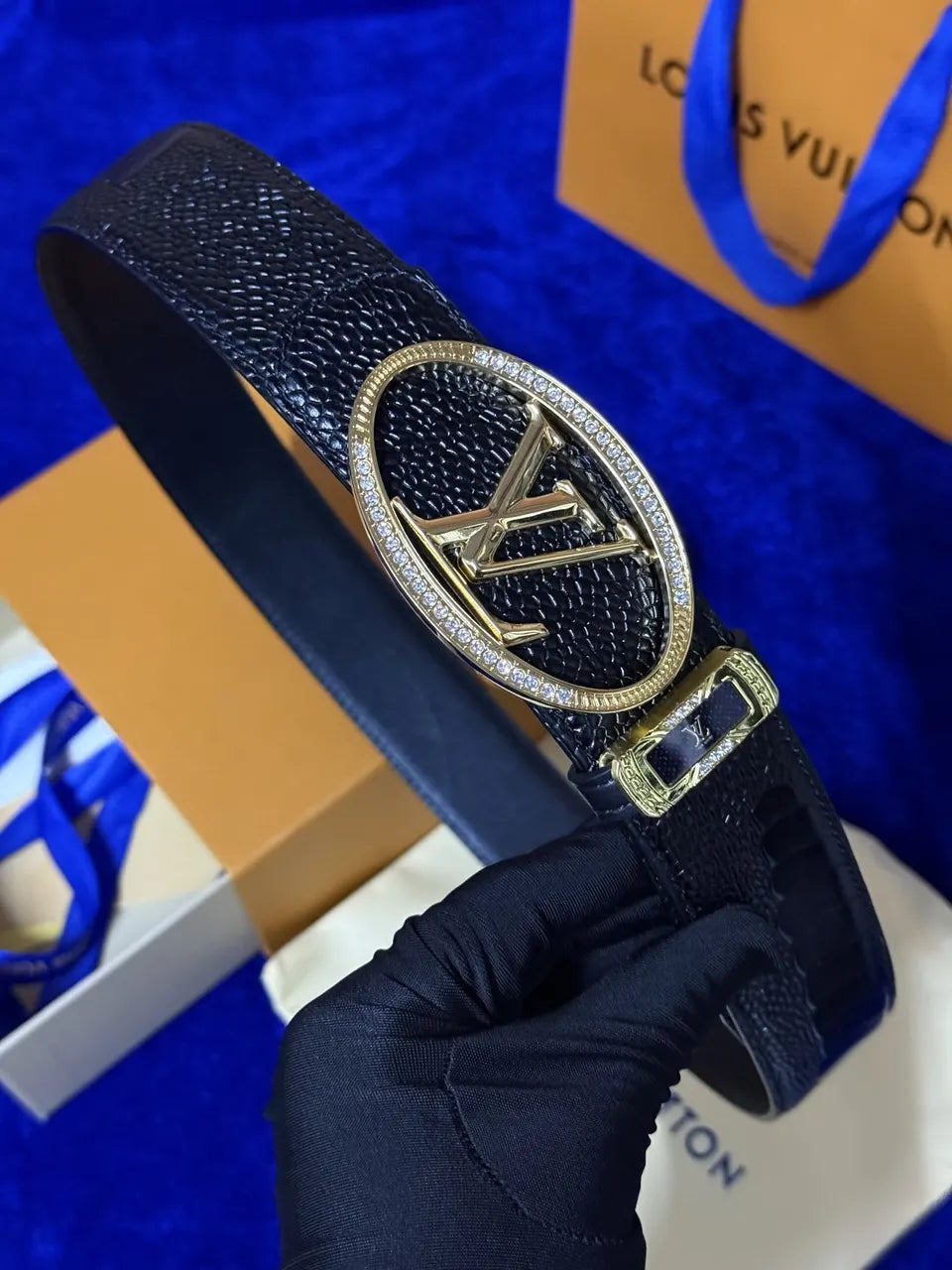 gold Louis Vuitton Black Alligator Belt - Hình 8