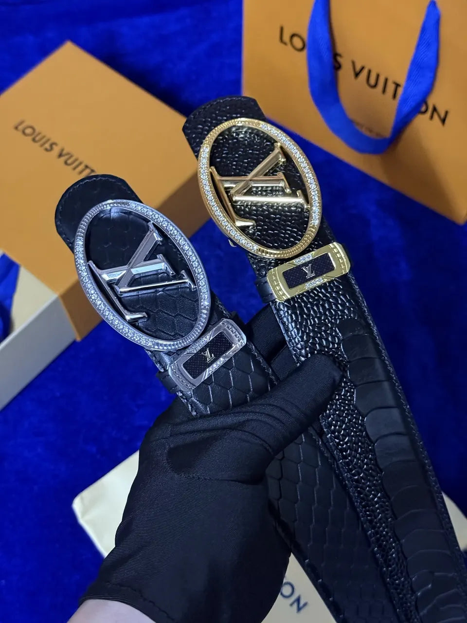 gold Louis Vuitton Black Alligator Belt - Hình 9