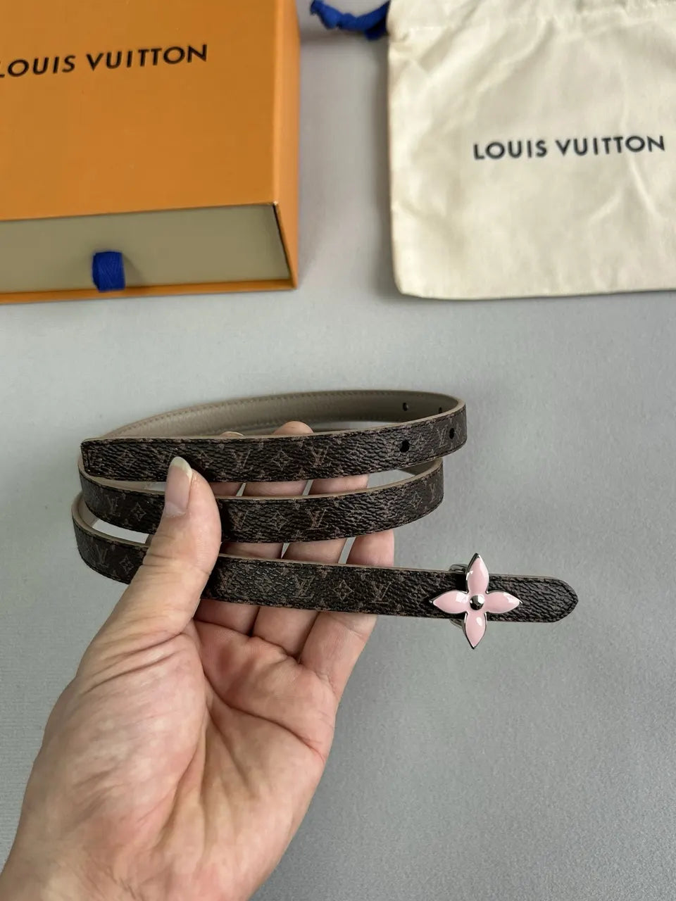 LV Taupe Monogram Skinny Belt - Hình 8