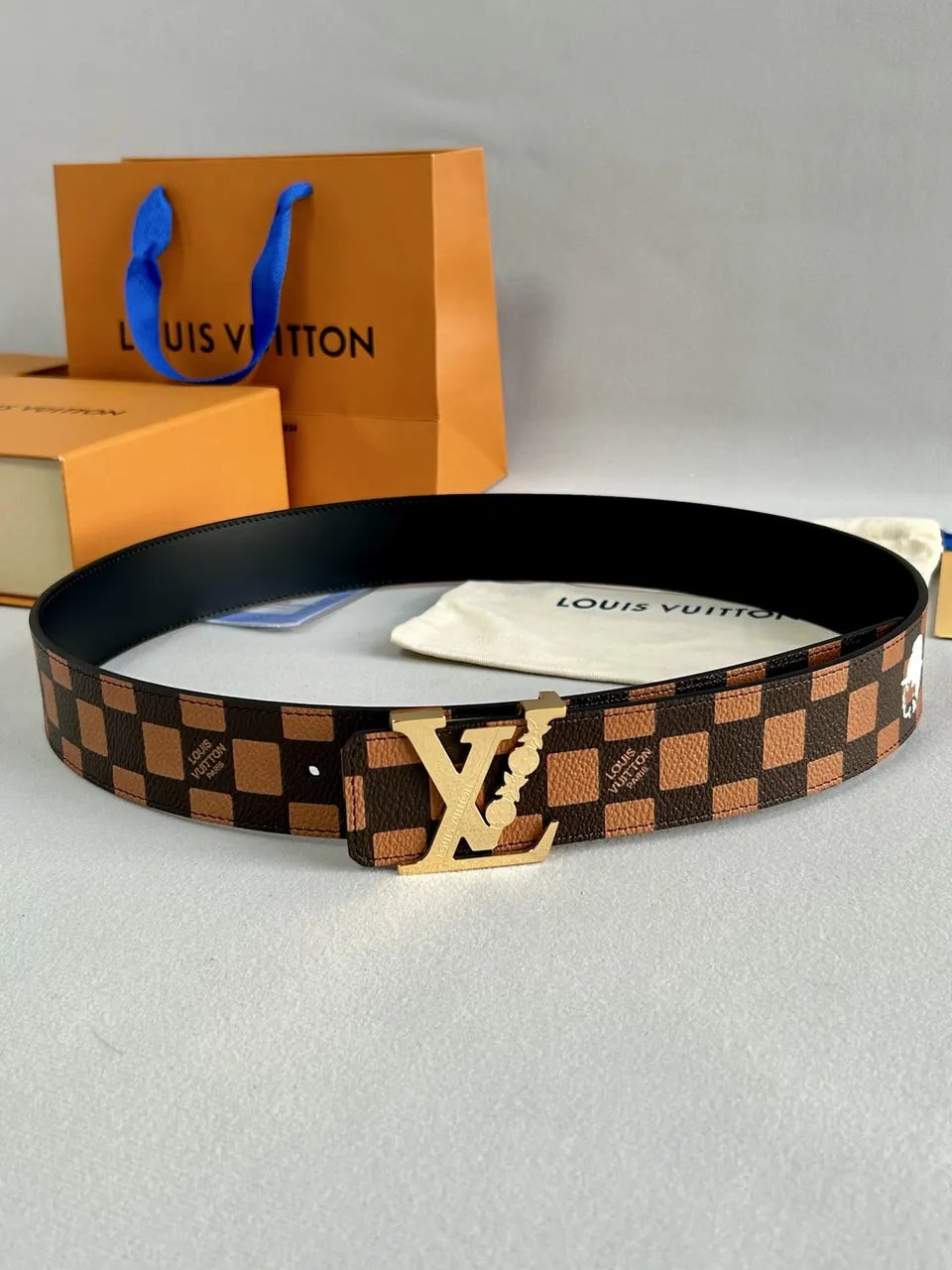 Damier Brown Belt Gold Buckle - Hình 4