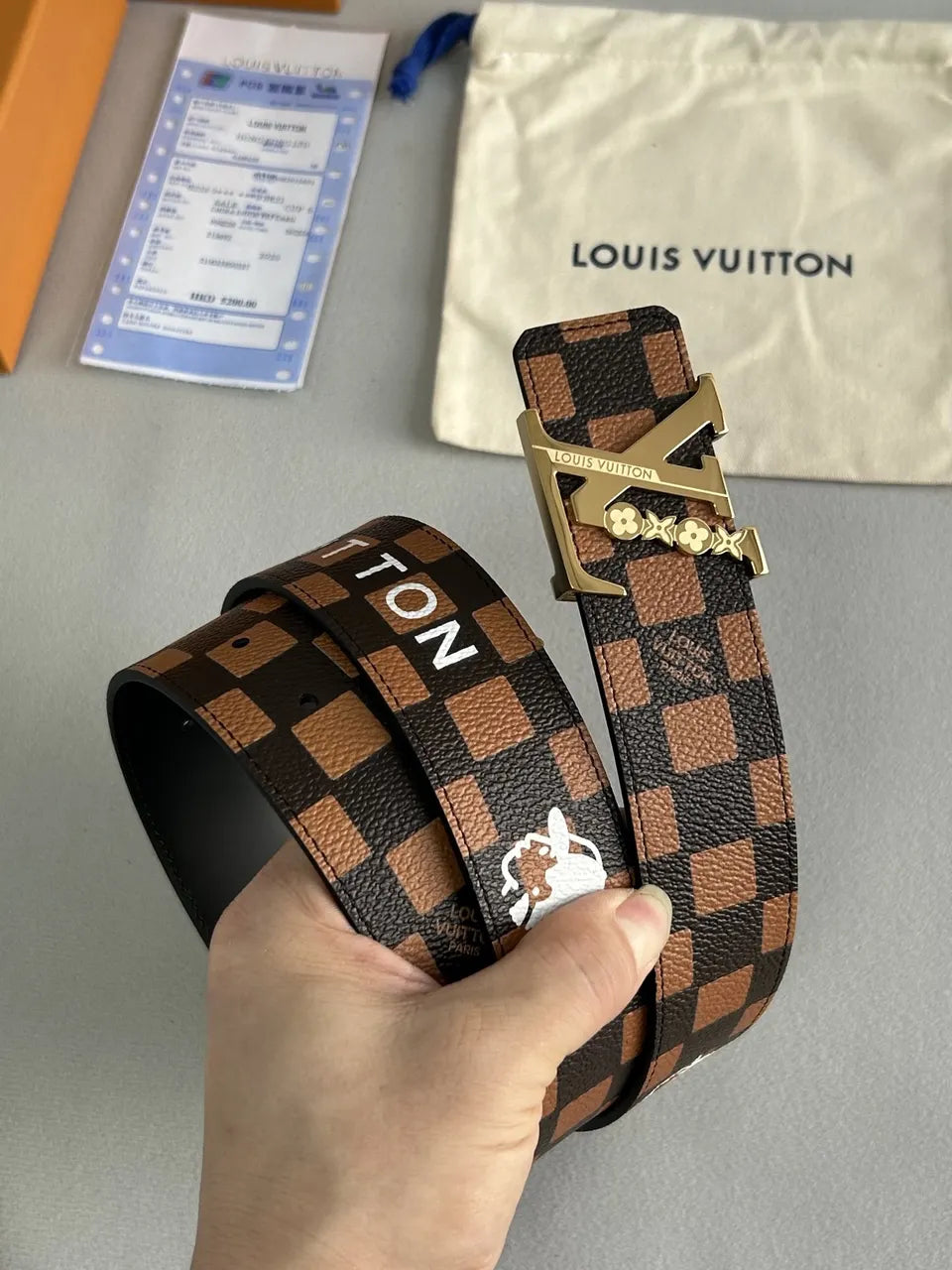 Damier Brown Belt Gold Buckle - Hình 5