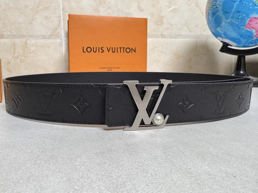 silver Louis Vuitton Black Embossed Belt
