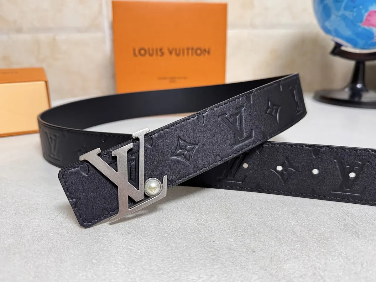 silver Louis Vuitton Black Embossed Belt - Hình 3