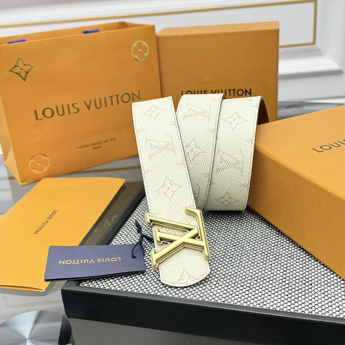 gold Louis Vuitton Cream Monogram Belt - Hình 2