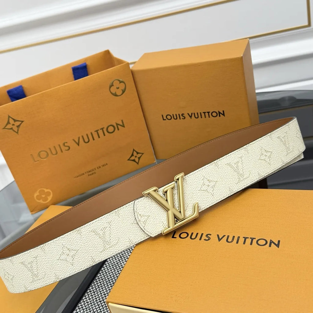 gold Louis Vuitton Cream Monogram Belt - Hình 4