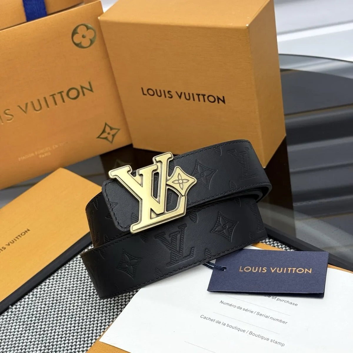 Louis Vuitton Black Leather Belt gold lv