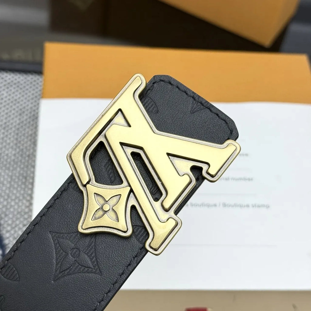 Louis Vuitton Black Leather Belt gold lv - Hình 2