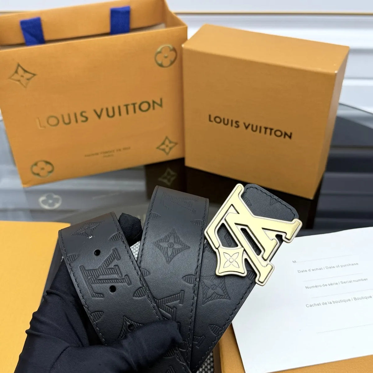 Louis Vuitton Black Leather Belt gold lv - Hình 7
