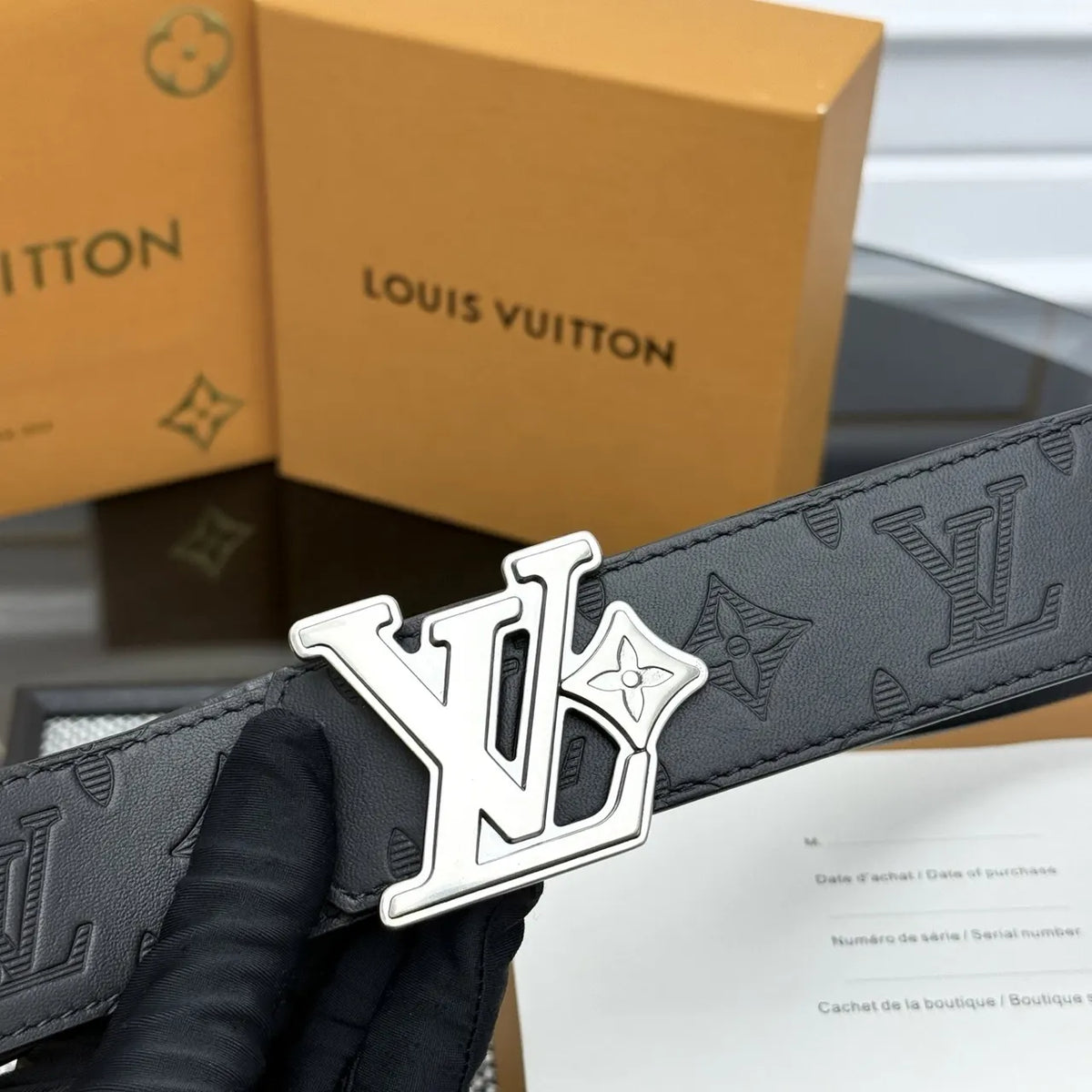 silver Louis Vuitton Matte Black LV Initial Belt - Hình 8
