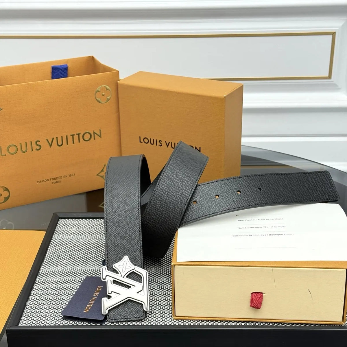 Louis Vuitton Black Taurillon Leather Belt silver lv