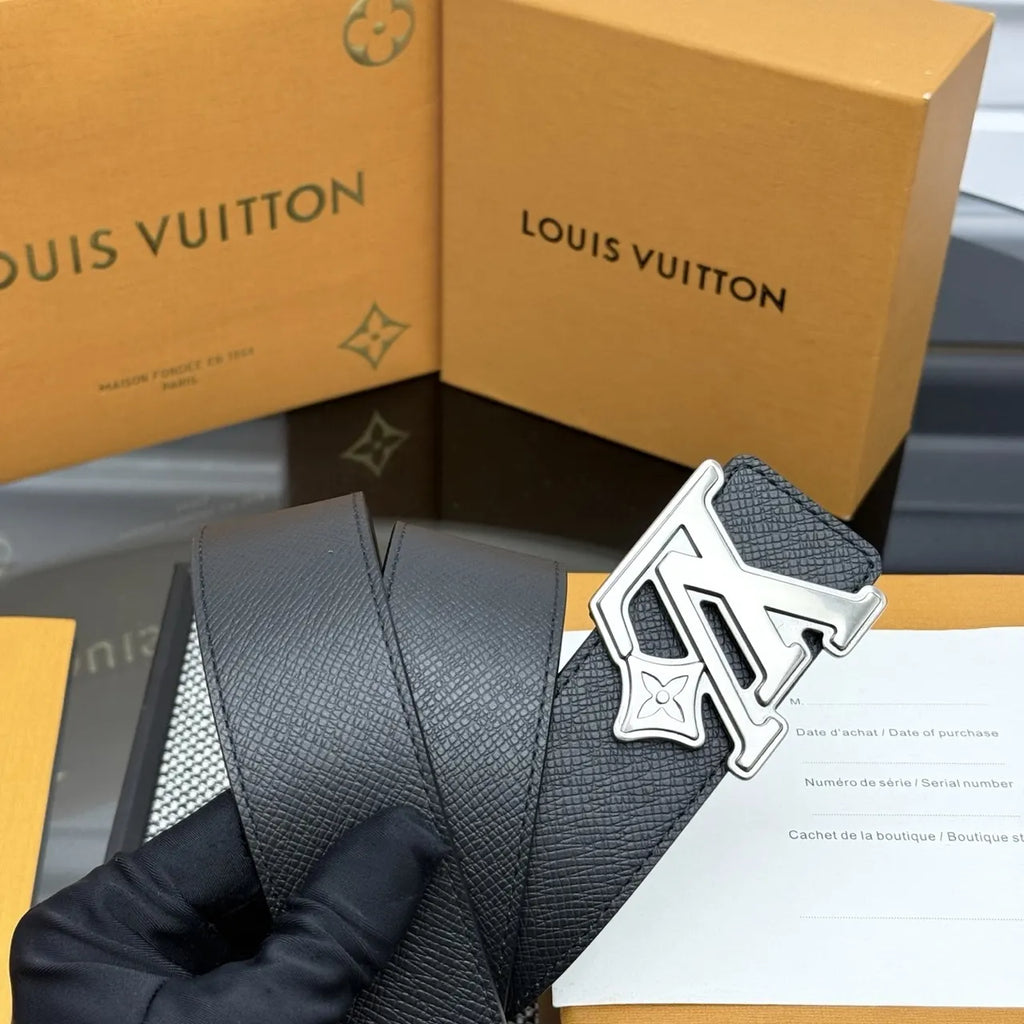 Louis Vuitton Black Taurillon Leather Belt silver lv - Hình 3