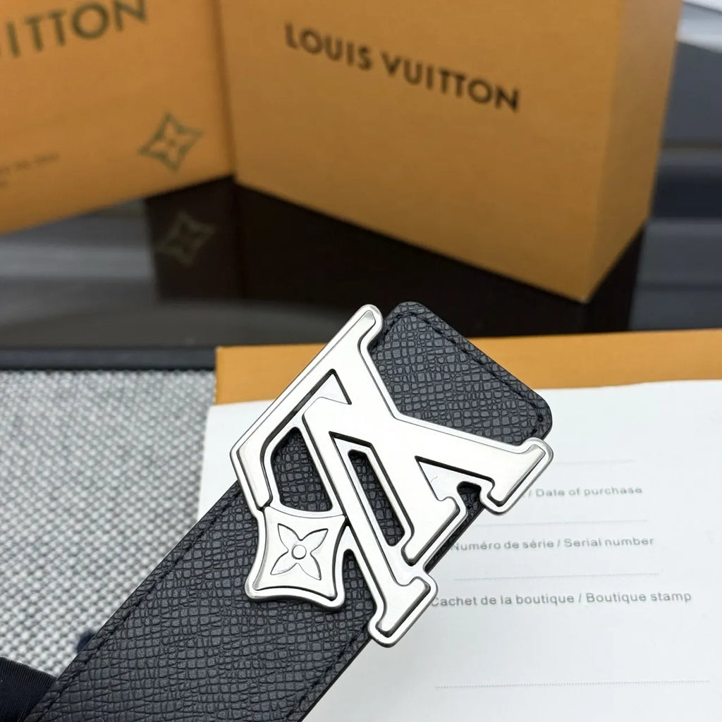 Louis Vuitton Black Taurillon Leather Belt silver lv - Hình 4