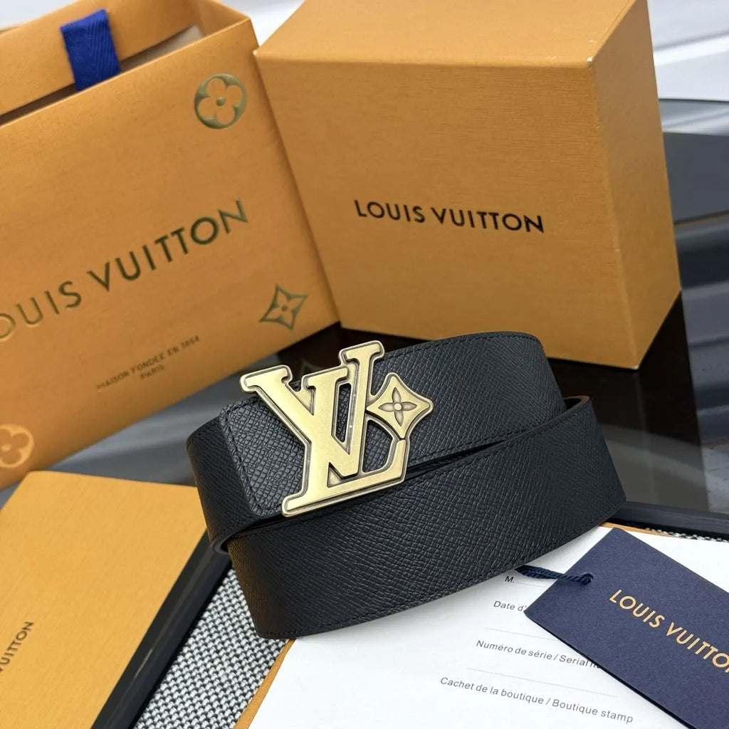 gold Louis Vuitton Black Epi Leather Belt