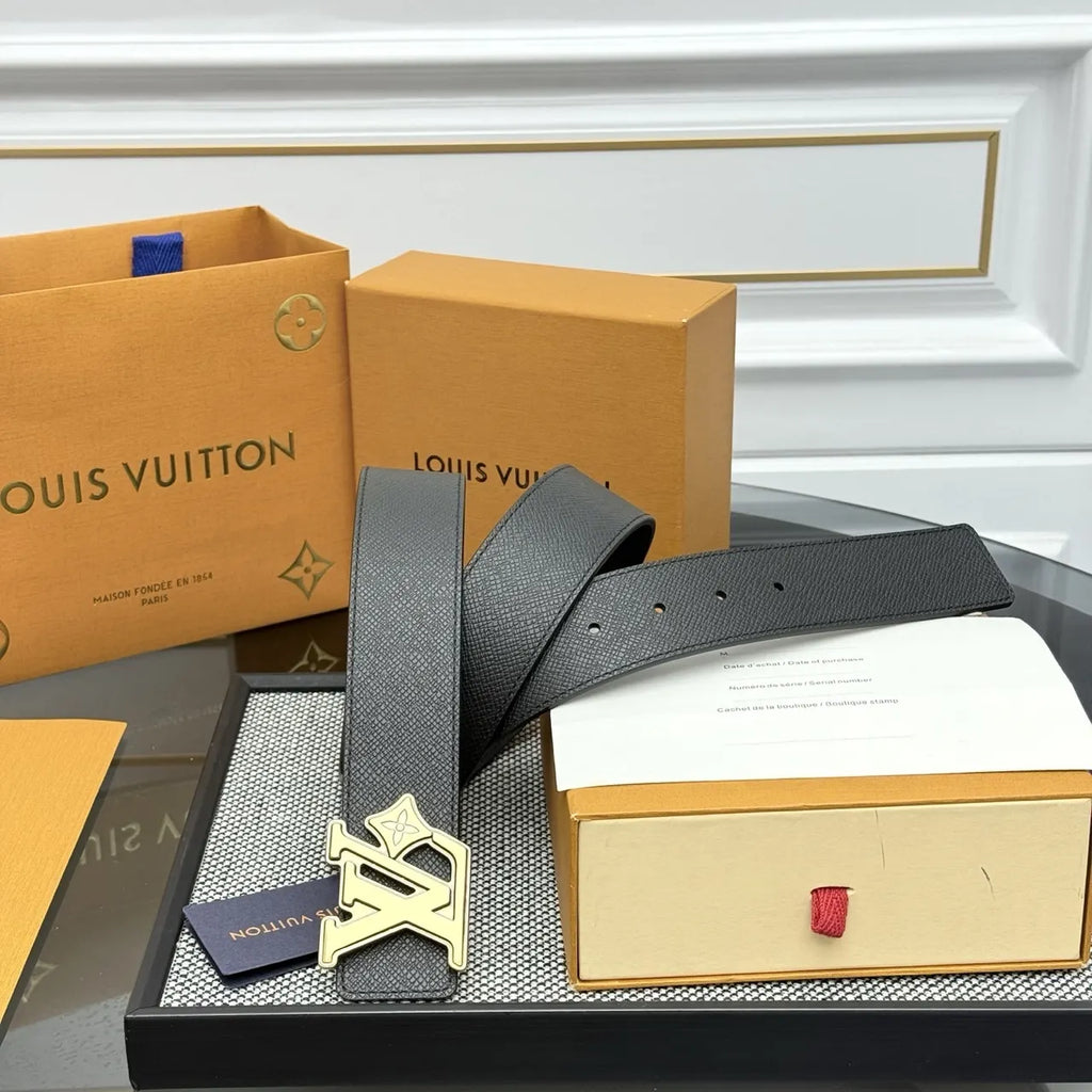 gold Louis Vuitton Black Epi Leather Belt - Hình 2