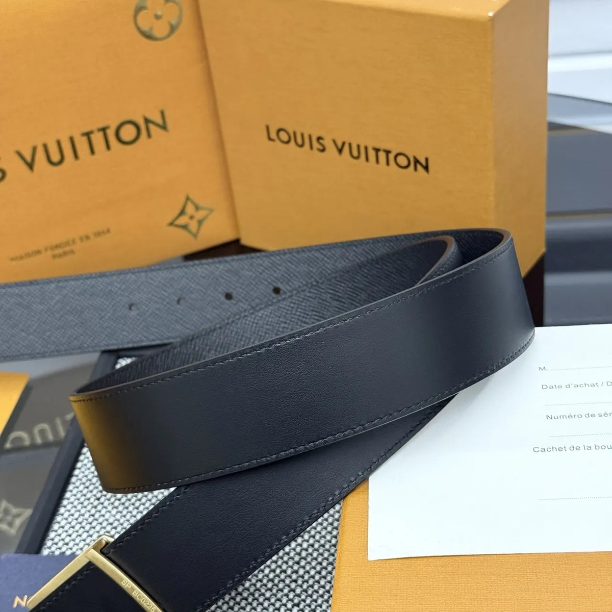 gold Louis Vuitton Black Epi Leather Belt - Hình 3