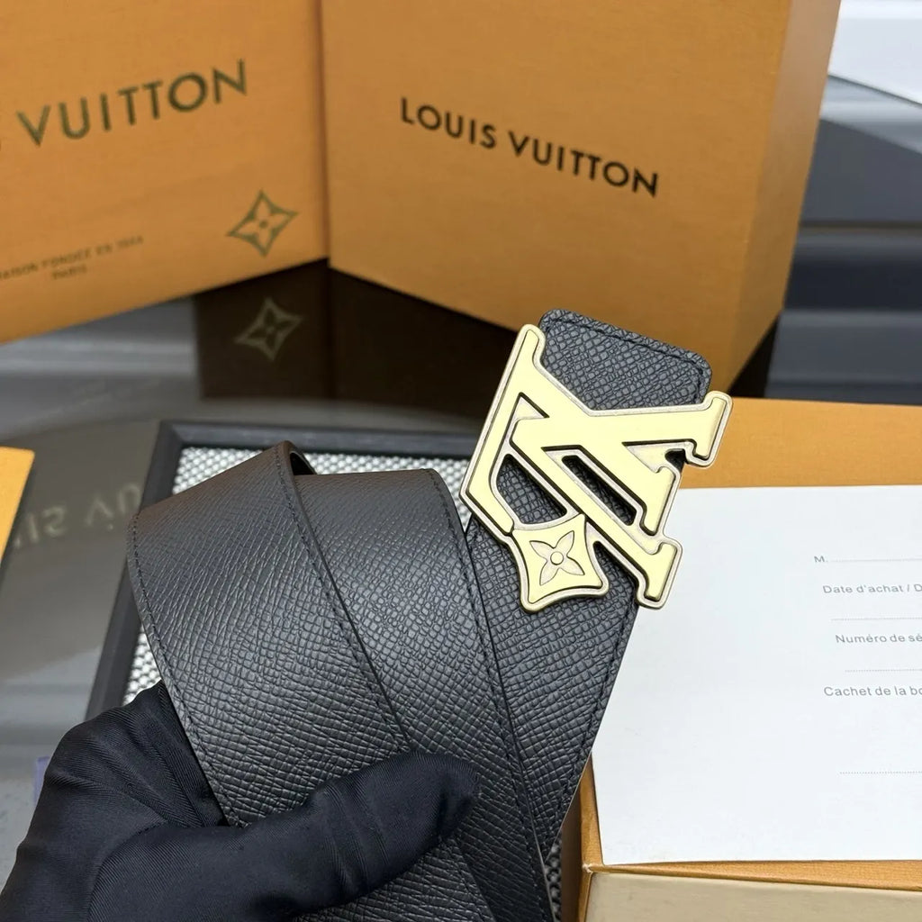 gold Louis Vuitton Black Epi Leather Belt - Hình 4