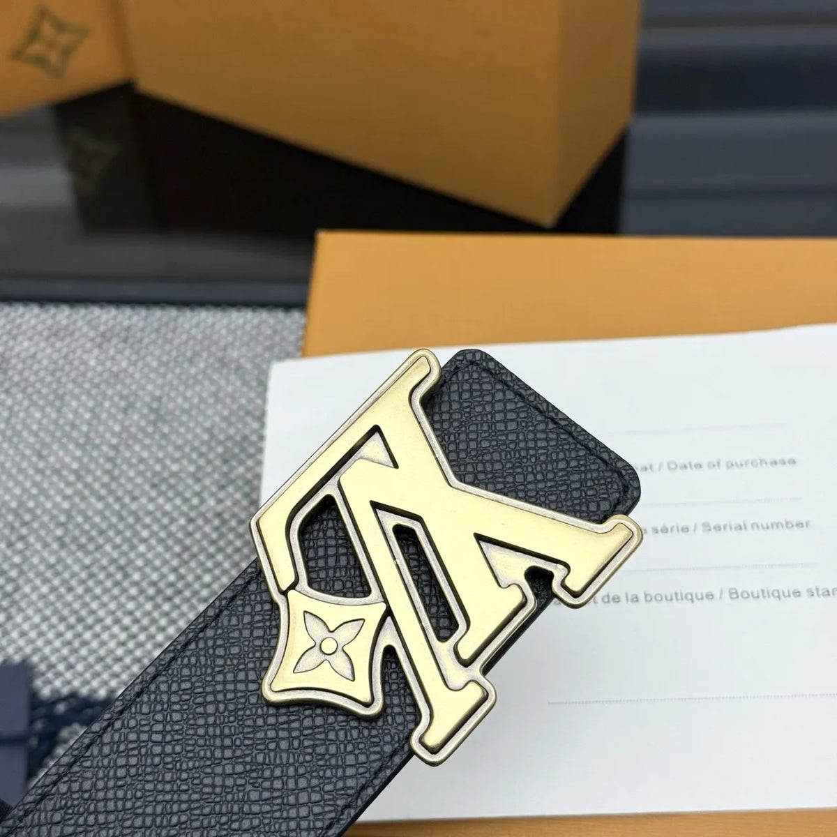 gold Louis Vuitton Black Epi Leather Belt - Hình 5