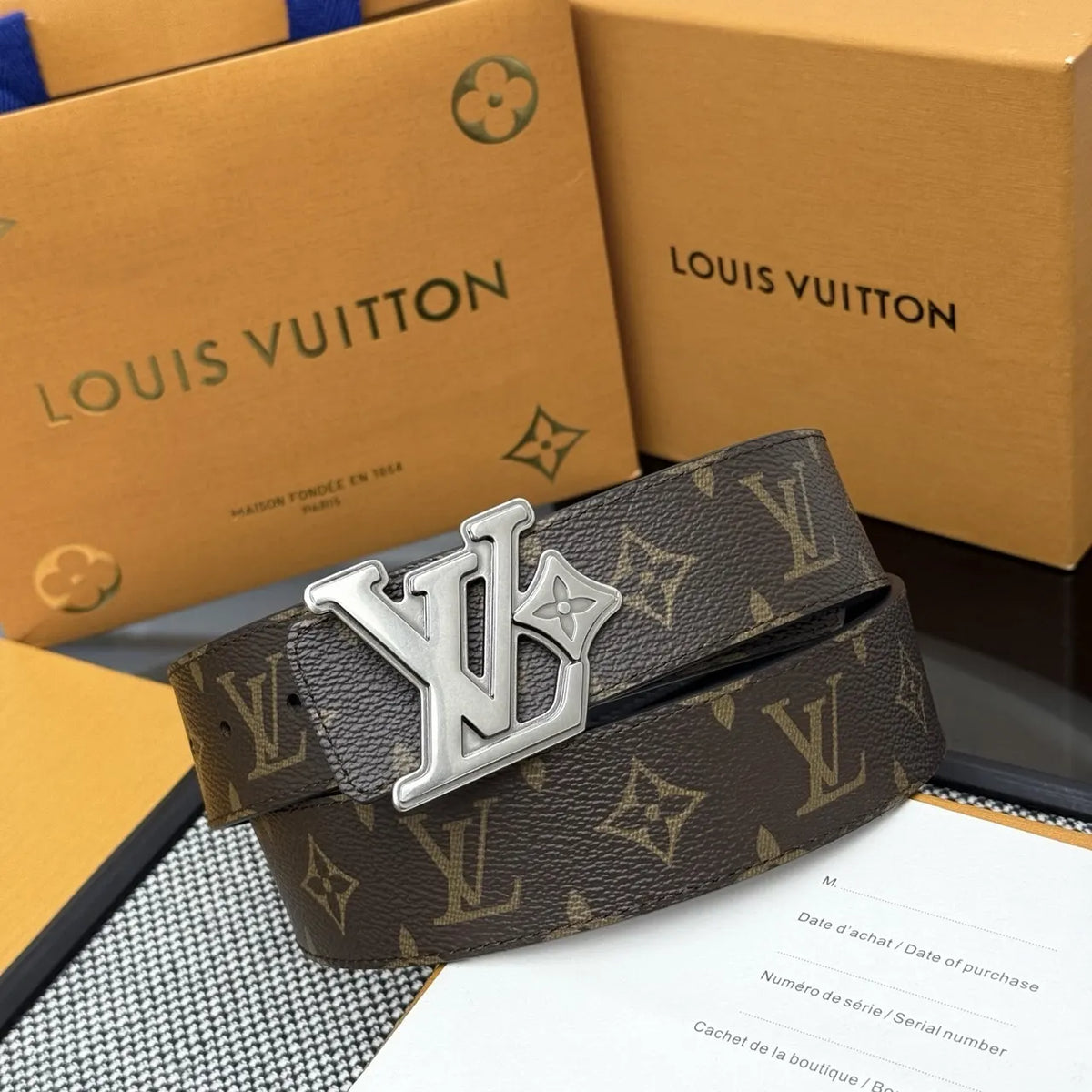 silver lv Louis Vuitton Brown Monogram Belt