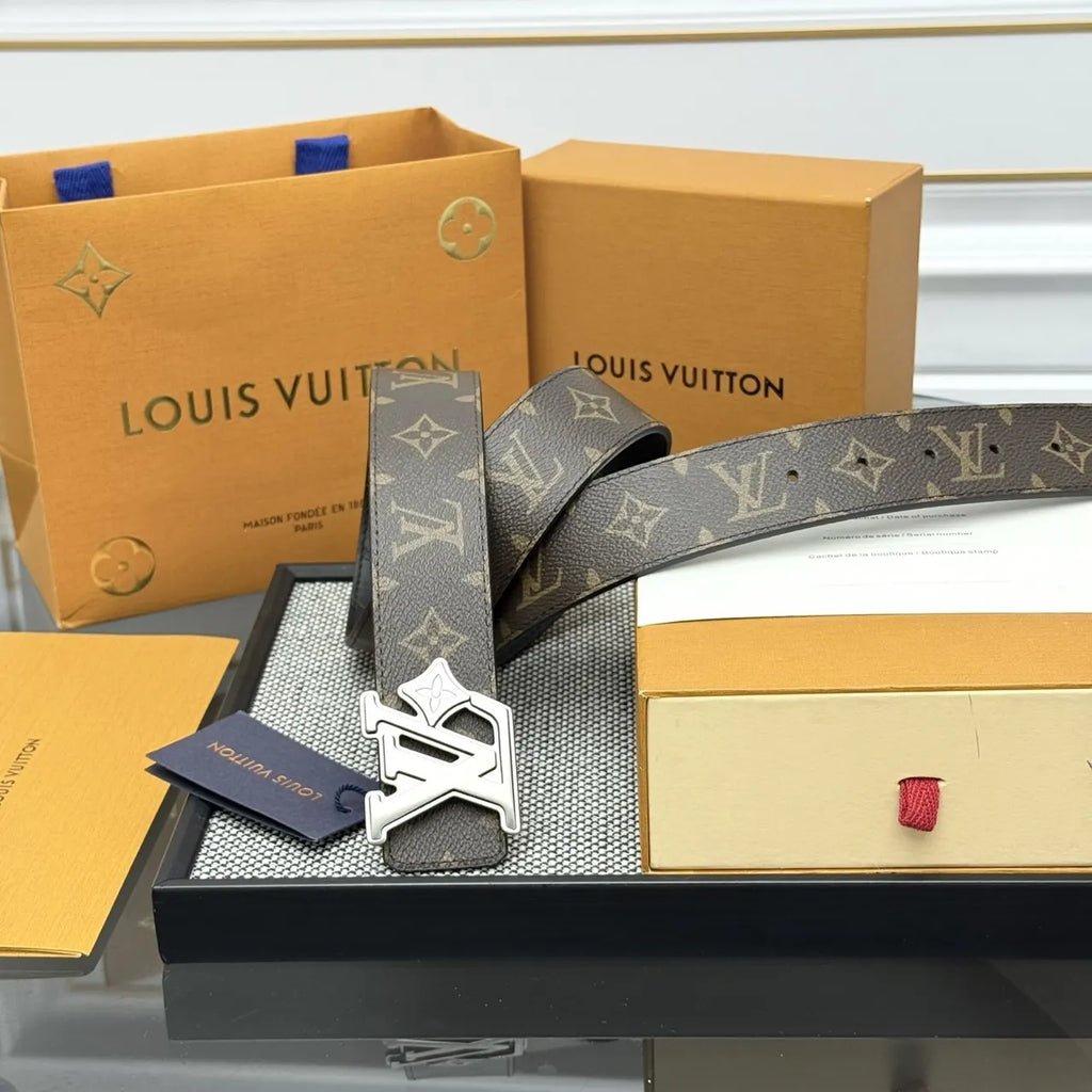 silver lv Louis Vuitton Brown Monogram Belt - Hình 2