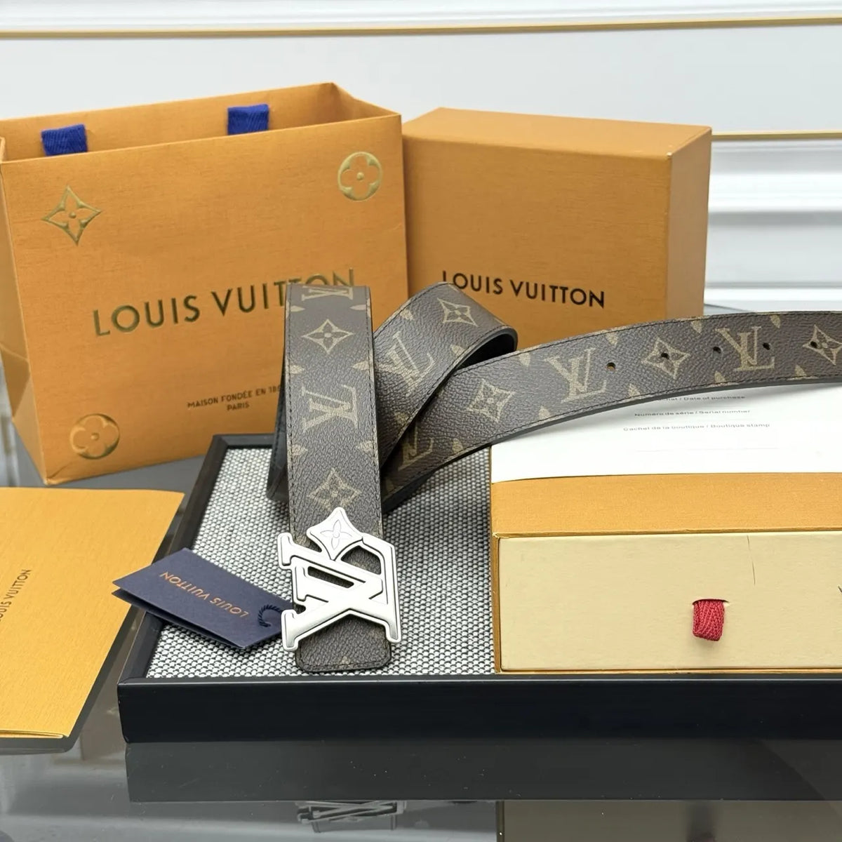silver lv Louis Vuitton Brown Monogram Belt - Hình 2