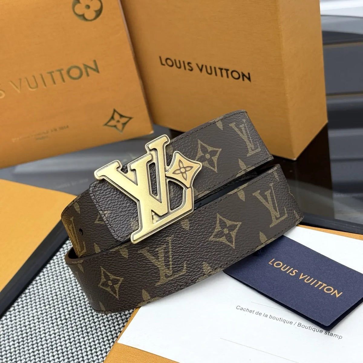 LV Monogram Brown Belt Gold Buckle