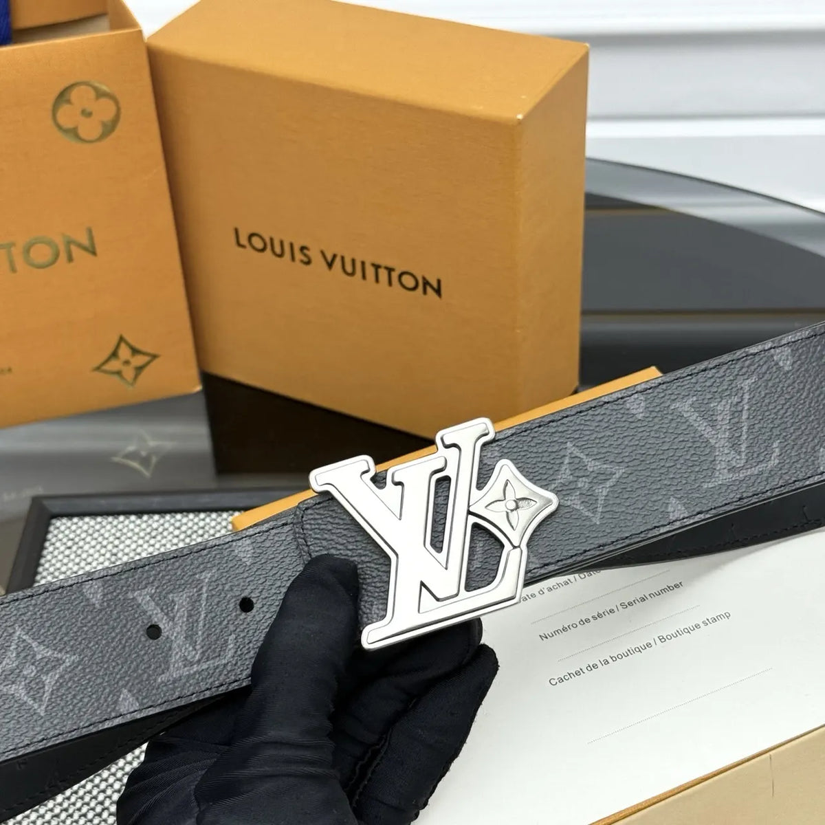 silver Louis Vuitton Grey Monogram Shadow Belt - Hình 7
