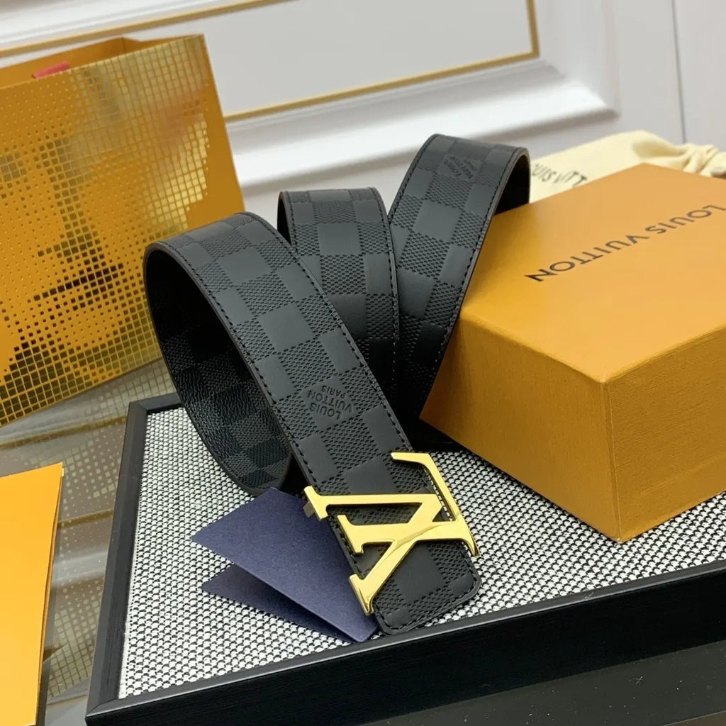 gold Louis Vuitton Damier Black Belt - Hình 4