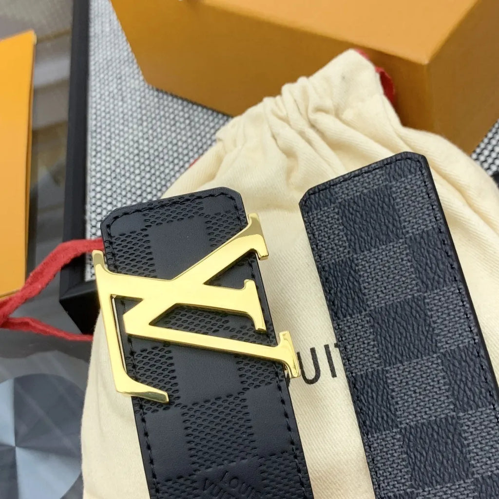 gold Louis Vuitton Damier Black Belt - Hình 5
