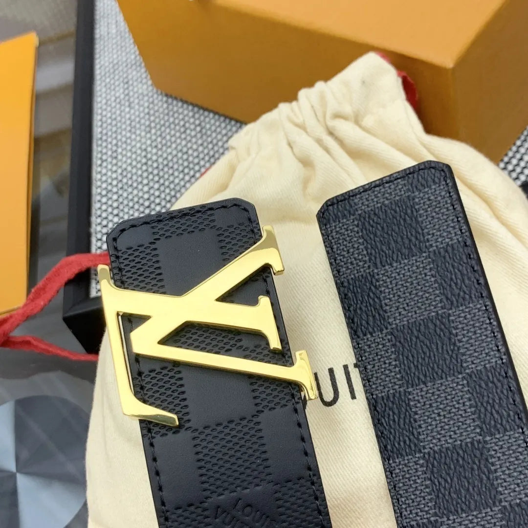 gold Louis Vuitton Damier Black Belt - Hình 5
