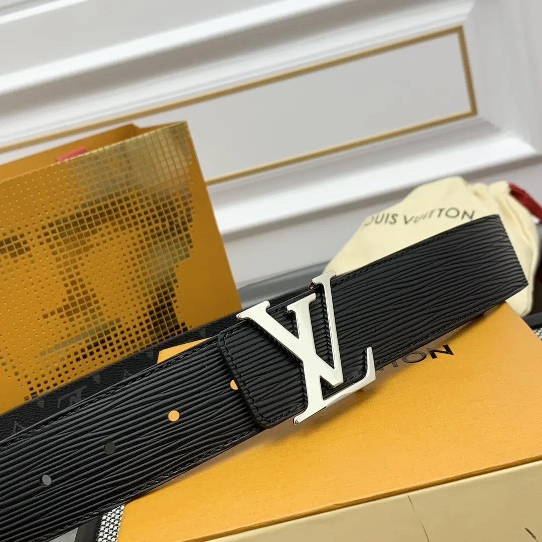 Louis Vuitton Black Epi Leather Belt silver