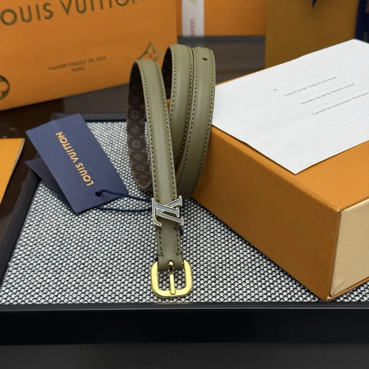 Louis Vuitton Olive Green Skinny Belt - Hình 2