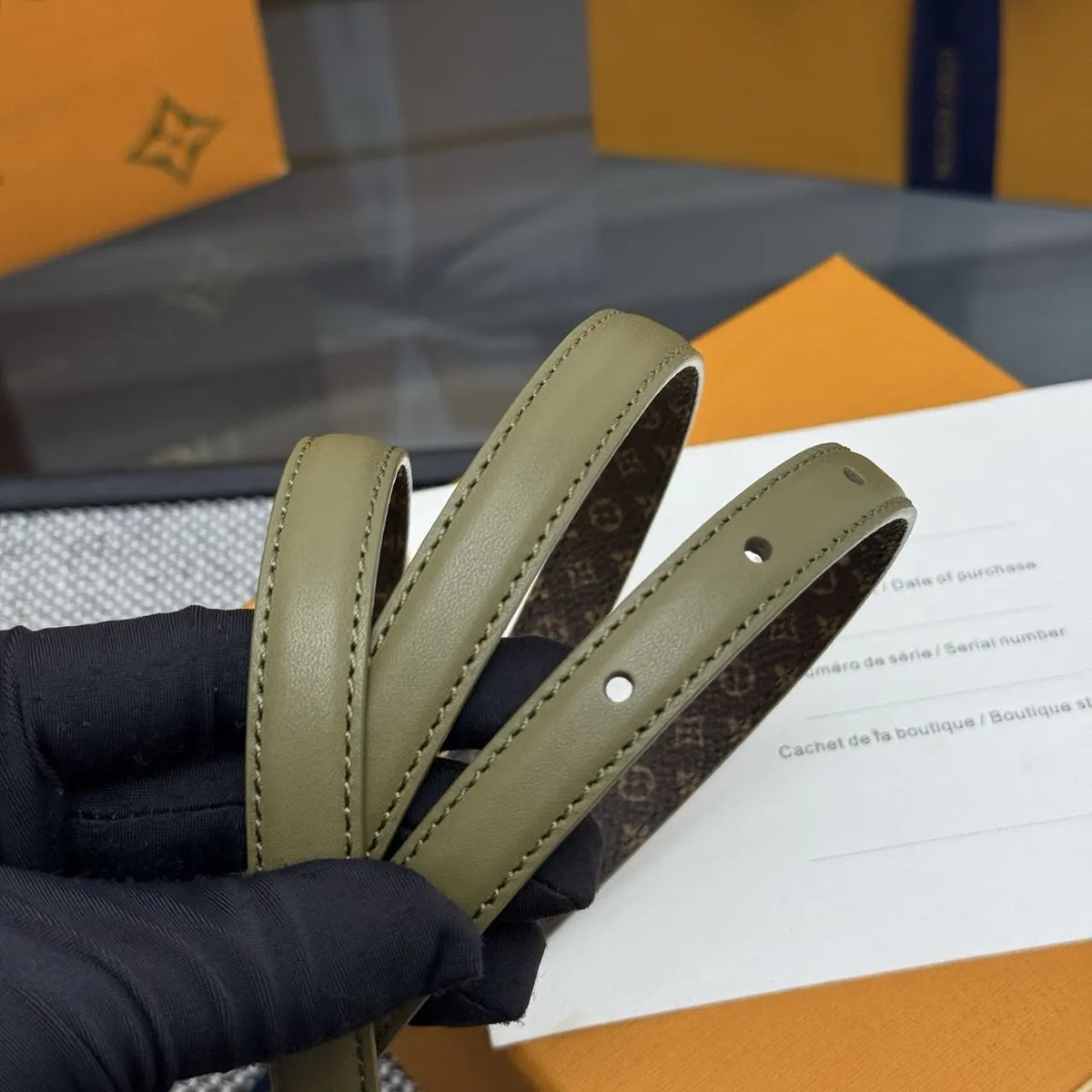 Louis Vuitton Olive Green Skinny Belt - Hình 4