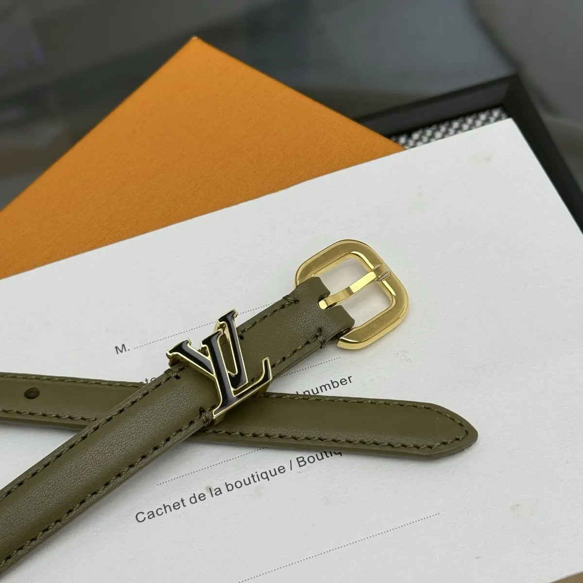 Louis Vuitton Olive Green Skinny Belt - Hình 7