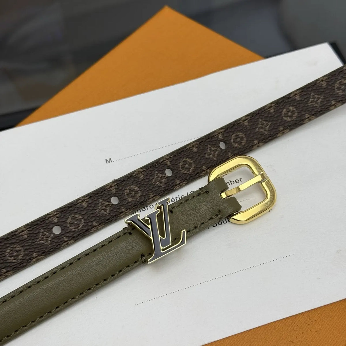 Louis Vuitton Olive Green Skinny Belt - Hình 8