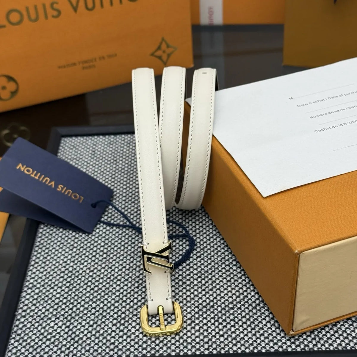 gold Louis Vuitton Cream Leather Belt - Hình 2