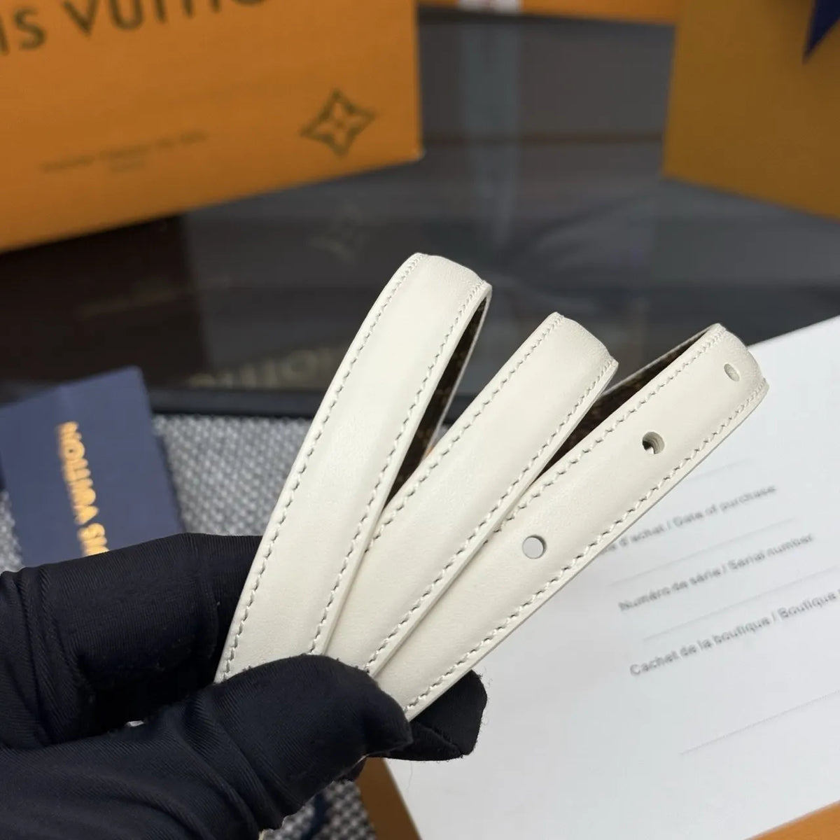 gold Louis Vuitton Cream Leather Belt - Hình 4