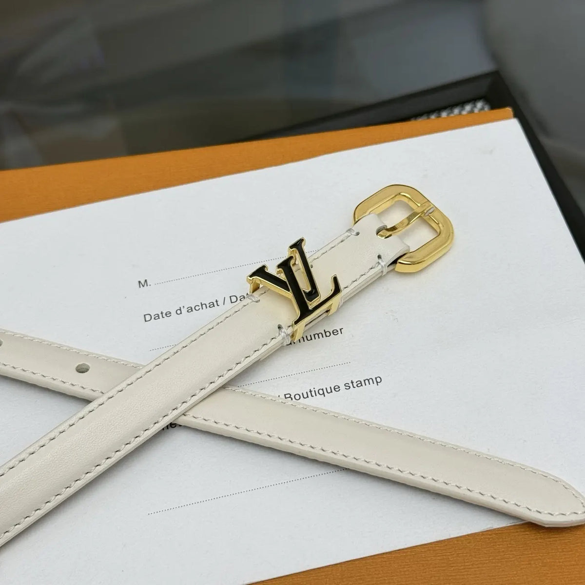 gold Louis Vuitton Cream Leather Belt - Hình 7