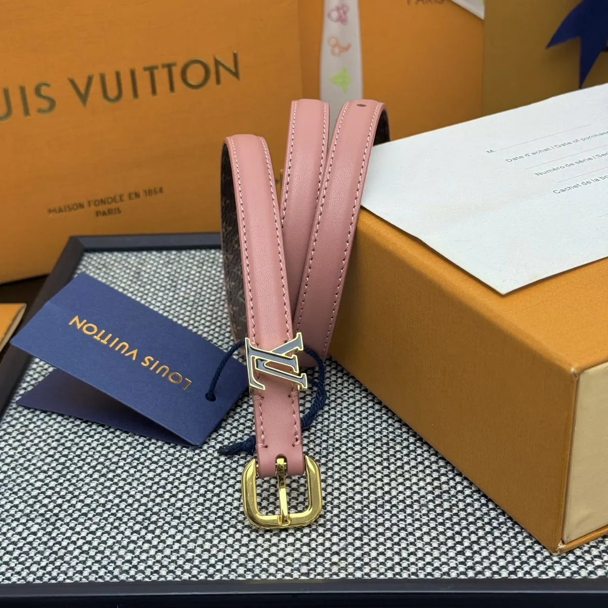 Louis Vuitton Pink Leather Skinny Belt - Hình 2