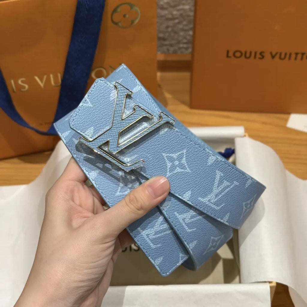 silver Louis Vuitton Light Blue Monogram Belt - Hình 3