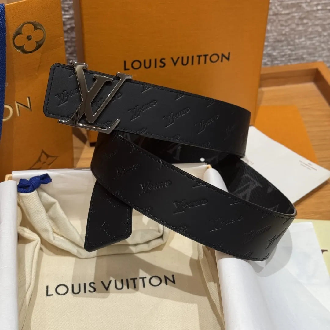 silver Louis Vuitton Matte Black Embossed Belt - Hình 2