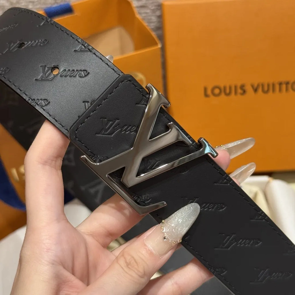 silver Louis Vuitton Matte Black Embossed Belt - Hình 5