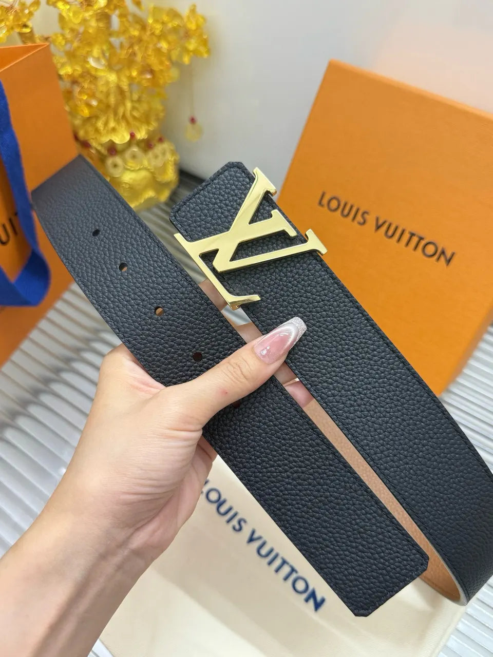 gold buckle Louis Vuitton Black Taurillon Leather Belt
